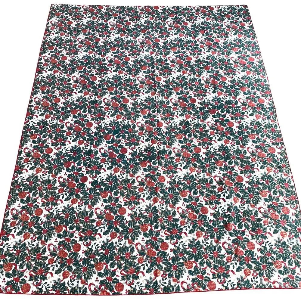Christmas tablecloth cream red green holly & ornaments festive traditional cloth